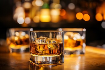 Classic glass of whiskey with ice on a rustic wooden bar counter in a warm inviting pub atmosphere, evoking sophistication and relaxation for premium lifestyle and beverage concepts