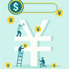 Illustration with a large yen symbol, people working on it, and dollar and yen symbols floating around, representing finance and economic activity.