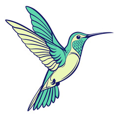 Turquoise and yellow hummingbird in flight flying wings