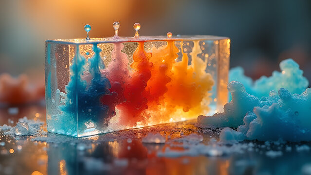 Abstract rainbow color dispersion inside an ice cube, beautiful colors, and colorful texture backgrounds that provide visual appeal
