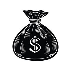 Monochrome illustration of a tied money bag with dollar symbol on it
