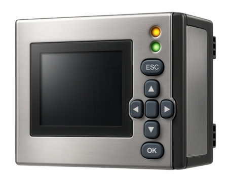 Compact PLC with integrated HMI screen for small machine control in a packaging facility