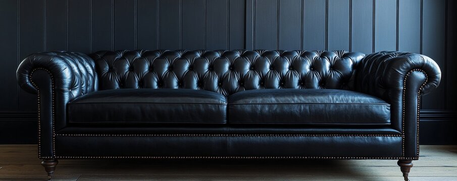 Black leather tufted sofa positioned near a dark paneling wall, adding elegance to the interior design of a modern living room, Generative AI