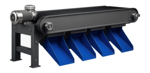 Belt-driven robotic sorter with multiple sorting chutes for a recycling plant.