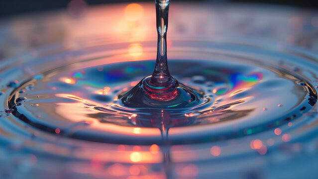 Capturing a mesmerizing moment slow motion of a water drop creating ripples on a surface reflecting light - Powered by Adobe