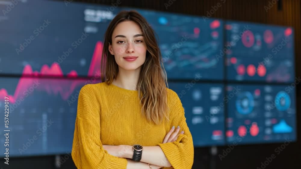 Poster data analyst in front of display: a confident data analyst stands poised, arms crossed, before a lar