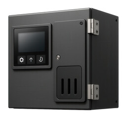 Obraz premium Rack-mounted control cabinet with a digital display and front cable access for a machine tool factory.