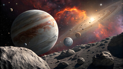 A view of jupiter and its moons from a rocky asteroid in deep space