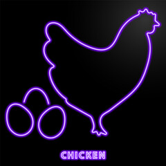chicken neon sign, modern glowing banner design, colorful trend of modern design on black background. Vector illustration.