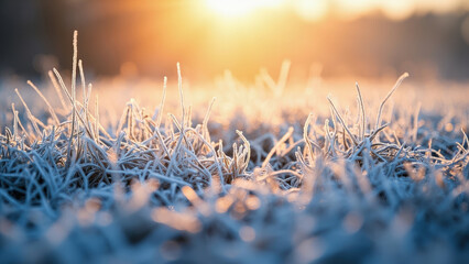 Close up of frosted grass blades with a warm golden sunlight in the background creating a soft blurred bokeh effect