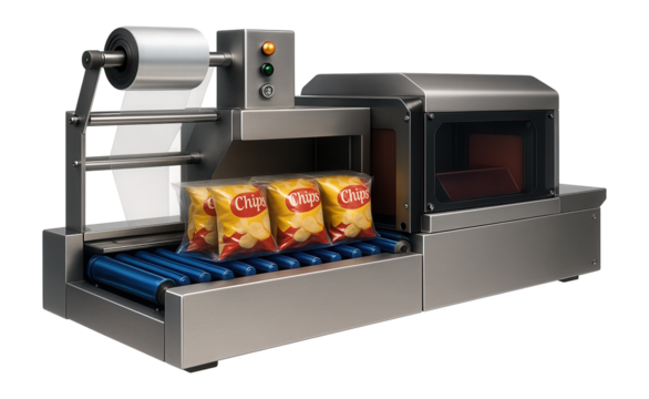 Film wrapping machine with a shrink tunnel for secondary packaging of chip multipacks in a food production plant