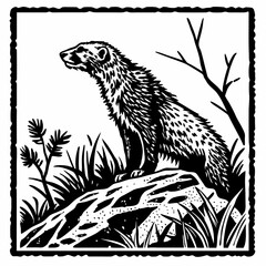 Ferret perched on rock surrounded by foliage animal