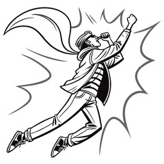 Dynamic comic style figure shouting with cape black and white dynamic pose