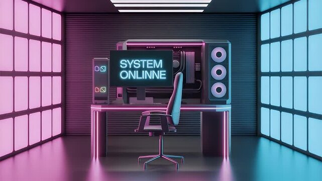 Modern gaming room setup with PC and colorful neon lights