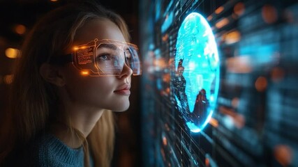 Woman Exploring Global Data: A young woman, wearing futuristic goggles, gazes intently at a holographic projection of the Earth, surrounded by streams of digital data. - Powered by Adobe
