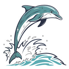 Blue dolphin leaping from turquoise waves with splashes and bubbles jumping ocean