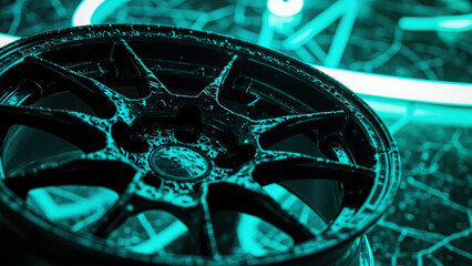 Close-up view of a black car wheel rim with a teal neon glow and abstract background pattern with water droplets