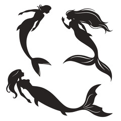Black mermaid silhouettes swimming gracefully white