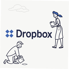 Dropbox logo with people and clouds illustration