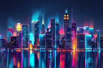 Obraz premium New york city skyline reflecting in water at night, illuminated by vibrant neon lights, creating a futuristic cityscape