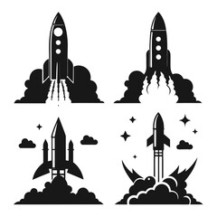 Fototapeta premium Rocket launch silhouettes with smoke and stars space