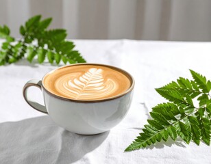 White Coffee Cup With Latte Art And Fern Leaves On A White Table