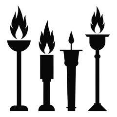 Black silhouettes of torches and candles with flames