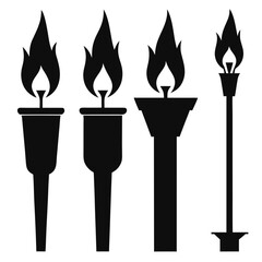 Four black torch silhouettes with flames fire light