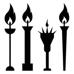 Four black torch and candle silhouettes with flames