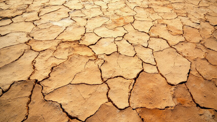Cracked dry earth surface texture with brown and tan tones showing fissures and irregular shapes in a close-up perspective