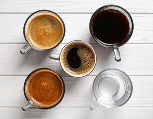 Four Different Types Of Coffee In Cups On White Wooden Table
