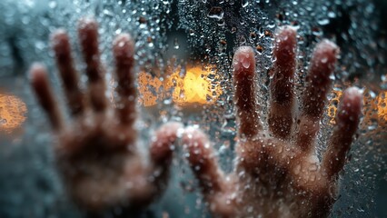 Overcoming Isolation: Hands on a Rainy Window Representing Emotional Struggle and Hope Visualizing Hope and Resilience in Mental Health Recovery