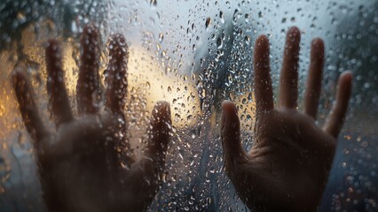 Overcoming Isolation: Hands on a Rainy Window Representing Emotional Struggle and Hope Visualizing Hope and Resilience in Mental Health Recovery