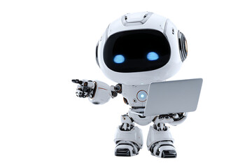 Friendly robot assistant pointing and holding laptop.