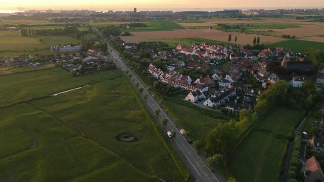 Forward Drone Flight Over Ramskapelle with Sunset Road View | FlyLens 4K