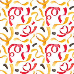 Seamless pattern with festive elements of German symbols. Flags, ribbons and festive garlands in red, yellow and dark colors. Hand painted with watercolors on a white background.