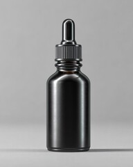 Side View of Matte Black Glass Dropper Bottle with Visible Pipette Tube and Drop
