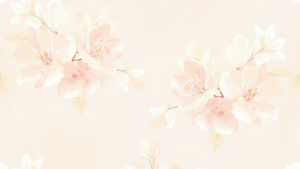 Delicate watercolor floral pattern featuring soft pink and white blossoms with yellow-green leaves on a pale peach background