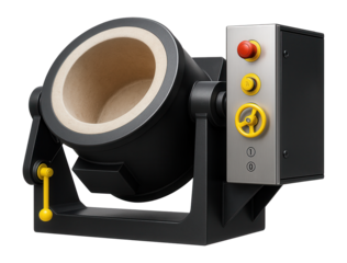 Rotary melting furnace with a refractory-lined drum for non-ferrous metal casting in a manufacturing plant.