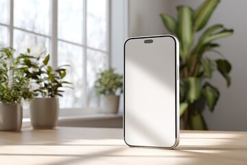 Phone on table; houseplant behind; light and airy room; tech mockup for advertising