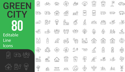Collection Of Modern Editable Thin Line Style Green City Eco Related Icons Set Contains CO2 Neutral, Zero Waste, Use Bike, Green Energy, Air And Water Quality  And More Vector Illustration