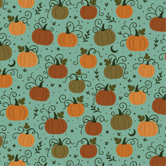 Pumpkin field, haloween theme, seamless pattern, vector illustration. 