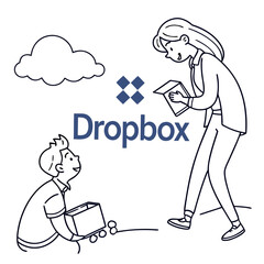 People interacting with Dropbox logo and cloud sharing technology