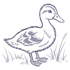 Young duckling standing in grass with reeds young bird waterfowl