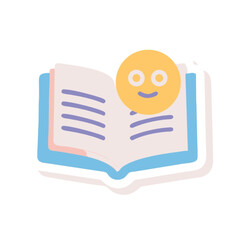 Orange web button illustration: 3D book in hand with a blue communication symbol design