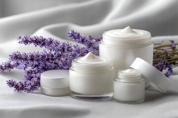 Open White Cream Jar with Lavender Blossoms on Draped Fabric