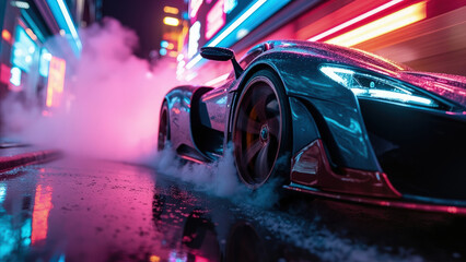 Futuristic sports car drifting on wet neon lit city street creating vapor with vibrant pink and blue lights reflecting