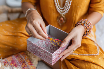 female hand holding rakhi