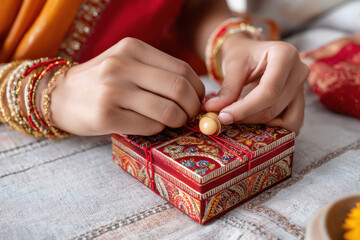 female hand holding rakhi