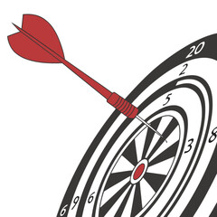 Achieving business success, an arrow strikes the red dartboard bullseye, symbolizing accurate aim and goal achievement in competition